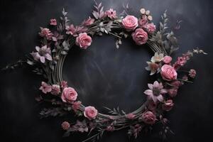 Subtly textured wreath of light pink painted flowers. photo