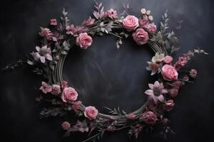 Subtly textured wreath of light pink painted flowers. AI Generated photo