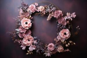 Subtly textured wreath of light pink painted flowers. AI Generated photo