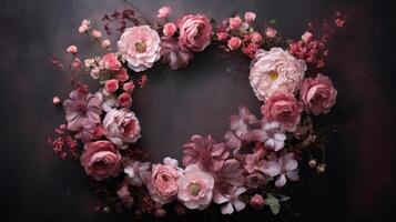 Subtly textured wreath of light pink painted flowers. AI Generated photo