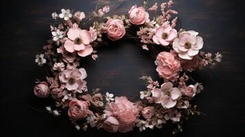 Subtly textured wreath of light pink painted flowers. photo