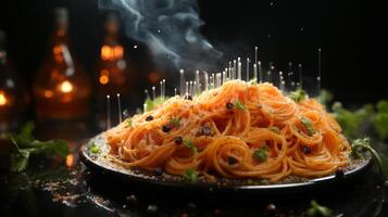 Spaghetti with pepper spray on black background. AI Generated photo