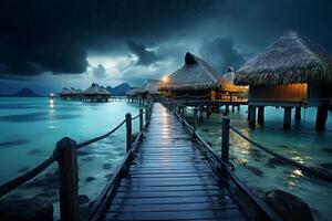 The piers with thatched huts in the sea at bora bora. photo