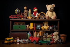 Toy collection on black background.. AI Generated photo