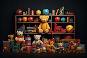 Toy collection on black background.. AI Generated photo