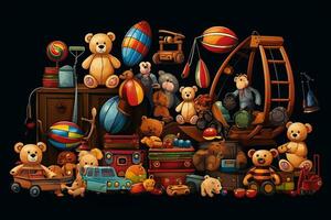 Toy collection on black background.. AI Generated photo