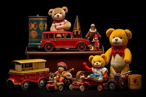 Toy collection on black background.. photo