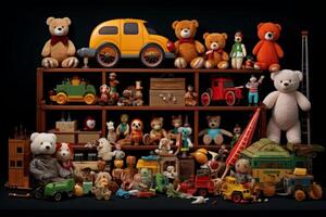 Toy collection on black background.. AI Generated photo