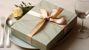Two plates with gift wrapped on them, with a wine glass. photo
