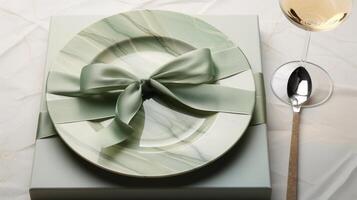 Two plates with gift wrapped on them, with a wine glass. photo