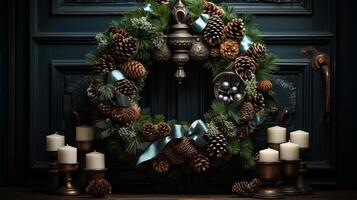 Wreath Christmas green in Christmas wreath with cones. photo