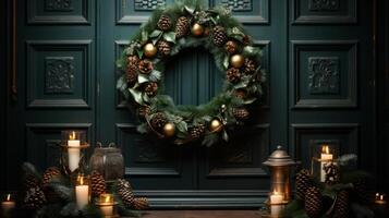 Wreath Christmas green in Christmas wreath with cones. photo