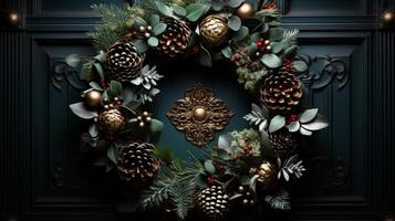 Wreath Christmas green in Christmas wreath with cones. photo