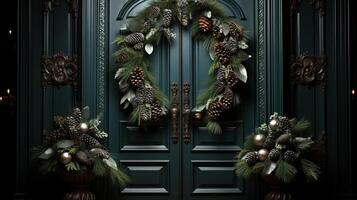 Wreath Christmas green in Christmas wreath with cones. photo