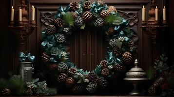 Wreath Christmas green in Christmas wreath with cones. photo