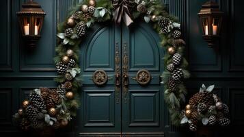 Wreath Christmas green in Christmas wreath with cones. photo