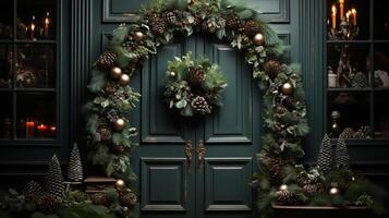 Wreath Christmas green in Christmas wreath with cones. photo