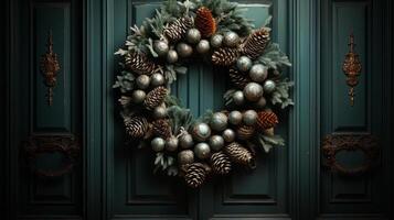 Wreath Christmas green in Christmas wreath with cones. photo