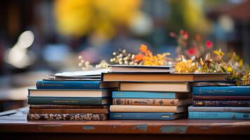 de tapa dura libro acostado en un apilar de otro libros. ai generado foto