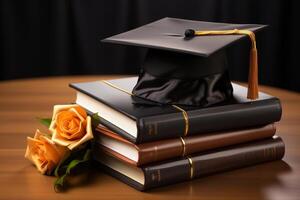 imagen de un negro graduación sombrero con libros. ai generado foto