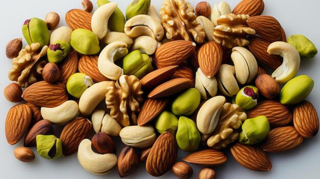 healthy nuts in the morning in a single layer on white background. photo