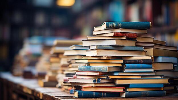 Hardcover book lying on a stack of other books. photo