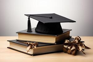image of a Black Graduation hat with books. photo
