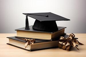 imagen de un negro graduación sombrero con libros. ai generado foto