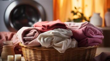 Laundry basket on a rack beside of a washing machine . photo