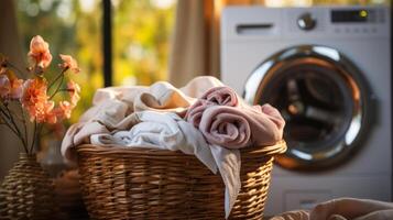 Laundry basket on a rack beside of a washing machine . photo