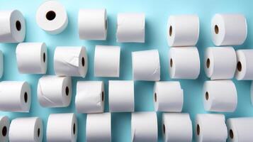 Many toilet paper rolls on light blue background. photo
