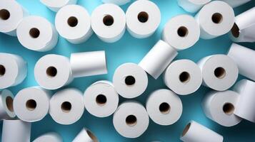Many toilet paper rolls on light blue background. photo