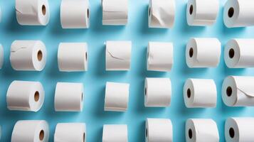 Many toilet paper rolls on light blue background. photo
