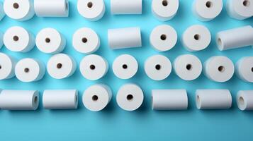 Many toilet paper rolls on light blue background. photo