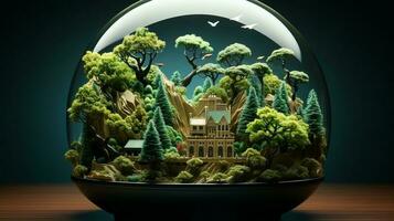 papercut illustration of a green planet and its trees. AI Generated photo