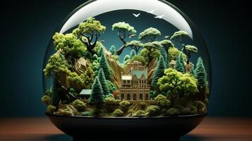 papercut illustration of a green planet and its trees. AI Generated photo