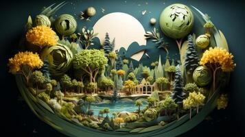 papercut illustration of a green planet and its trees. photo