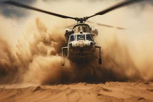 the helicopter flying in the air is covered in sand. photo