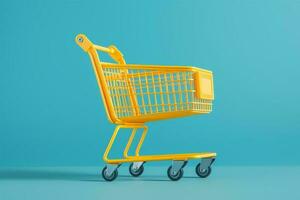 yellow shopping cart on blue background. AI Generated photo