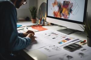 A designer is drawing a website design on a scrap of paper. photo