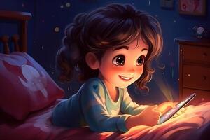A kid setting in her room, having fun playing a game on her smartphone. photo
