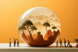 A group of people standing around a globe. AI Generated photo