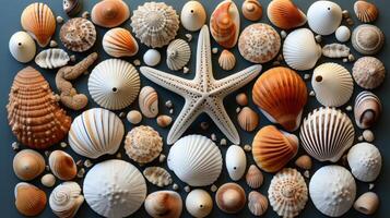 beach finds small seashells, fossil coral and sand dollars, puka shells, a sea urchin and a white starfish. photo