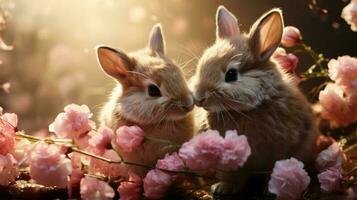 Two bunny kiss in flowers.. AI Generated photo