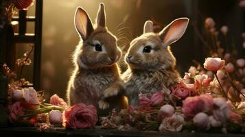 Two bunny kiss in flowers.. AI Generated photo