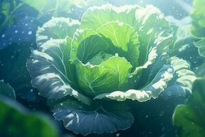 close up cabbage, rainy, ultra detailed, look front to the sunlight. AI Generated photo