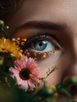 close up eye make up spring flowers. AI Generated photo