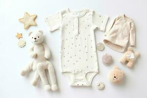 Cute baby clothes for boy and girl, rattle, bottle and dummy space in the middle, on white background top view. AI Generated photo