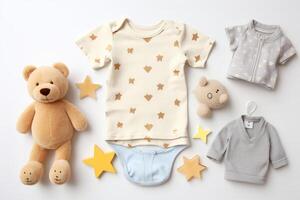 Cute baby clothes for boy and girl, rattle, bottle and dummy space in the middle, on white background top view. photo