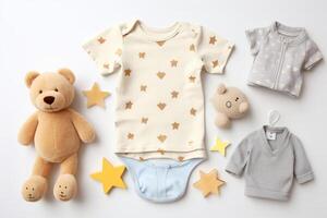 Cute baby clothes for boy and girl, rattle, bottle and dummy space in the middle, on white background top view. AI Generated photo